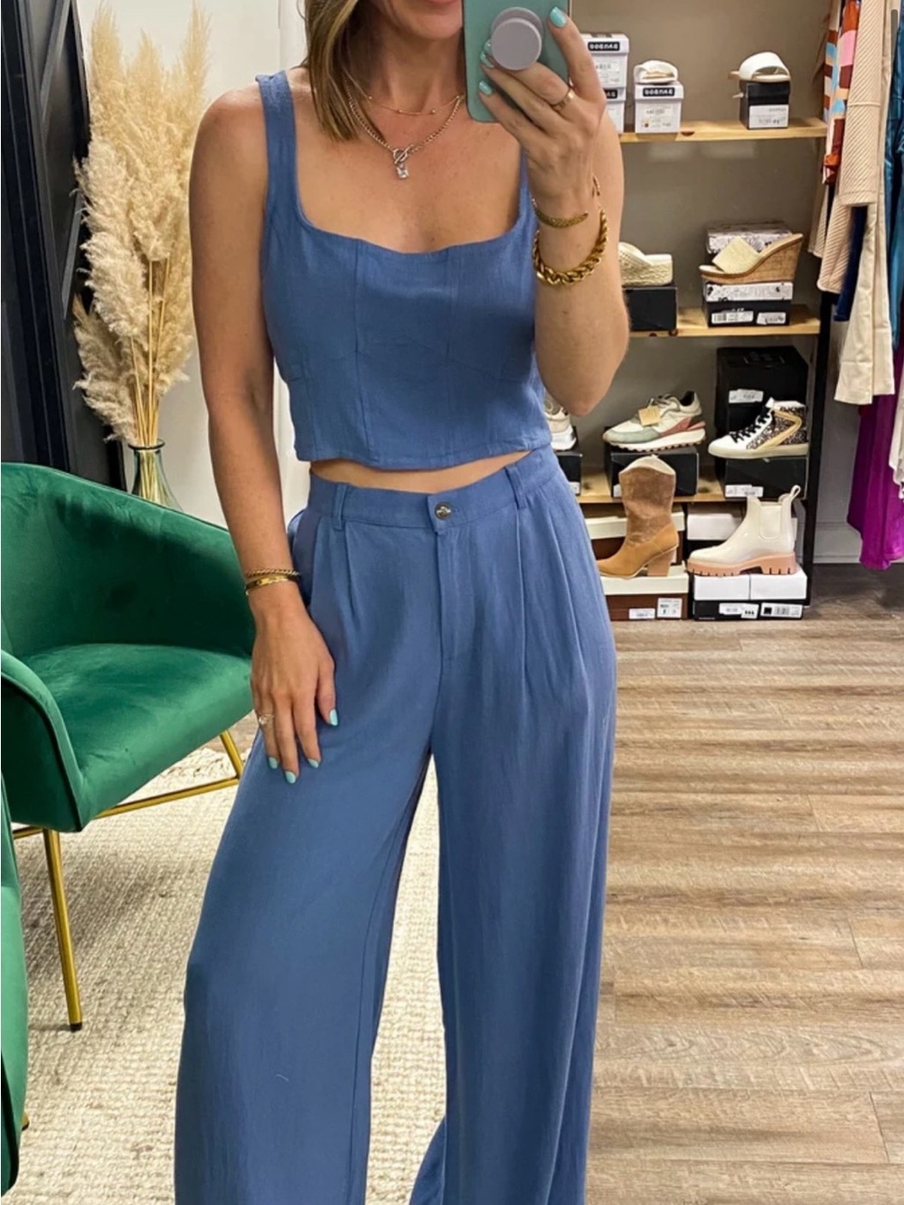 Blu Pepper Steel Blue Wide-Leg Crop Top Set